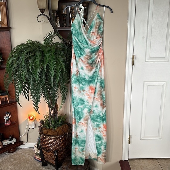 Lulus Lover’s Paradise Metallic Tie Dye Maxi Dress Teal Orange Crisscross Back - Picture 2 of 16